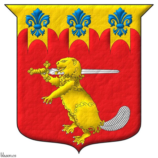 Escudo de gules, un castor erguido de oro, armado y el rabo de plata, teniendo sobre su hombro diestro una espada de plata, guarnecida de oro; en un jefe almenado gibelino de oro tres flores de lis de azur.