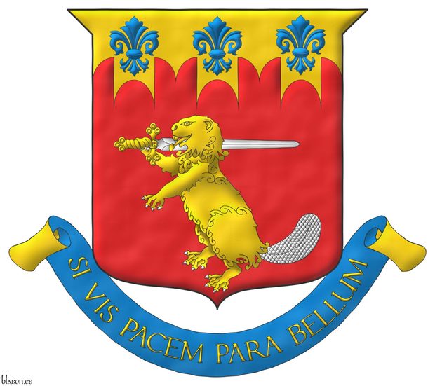 Gules, a beaver erect Or, armed and tailed Argent, bearing on his dexter shoulder a sword Argent, hilted Or; on a chief embattled of Renaissance crenellations Or three fleurs de lis Azure. Motto: Si vis pacem para bellum Or over a scroll Azure doubled Or.