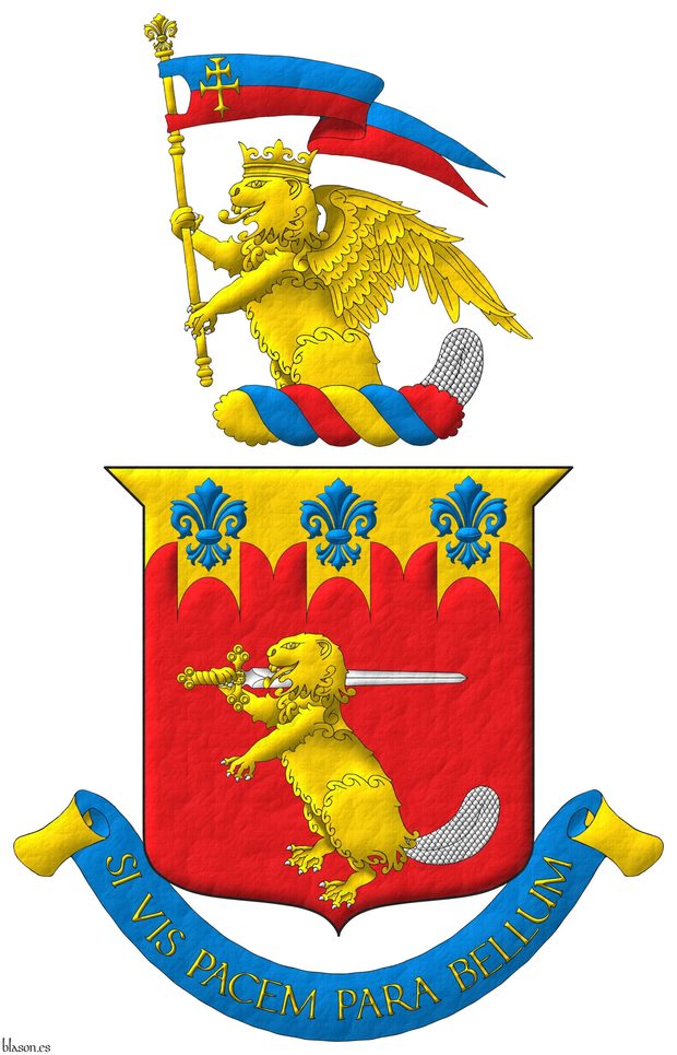 Escudo de gules, un castor erguido de oro, armado y el rabo de plata, teniendo sobre su hombro diestro una espada de plata, guarnecida de oro; en un jefe almenado gibelino de oro tres flores de lis de azur. Timbrado de un burelete de oro, azur y gules, y cimado de un castor naciente, coronado y alado de oro, armado y el rabo de plata, teniendo entre sus patas un gallardetn cortado de azur y gules, cargado de una cruz doble, patada y fijada de oro. Lema: Si vis pacem para bellum de oro sobre una filacteria de azur doblada de oro.