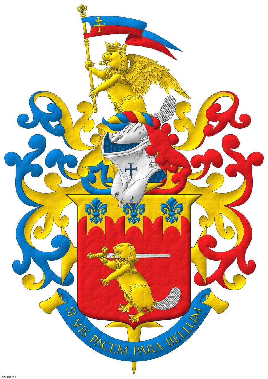 Escudo de gules, un castor erguido de oro, armado y el rabo de plata, teniendo sobre su hombro diestro una espada de plata, guarnecida de oro; en un jefe almenado gibelino de oro tres flores de lis de azur. Timbrado de un yelmo adornado de dos lambrequines de azur doblado de oro a la diestra y de gules doblado de oro a la siniestra, un burelete de oro, azur y gules, y cimado de un castor naciente, coronado y alado de oro, armado y el rabo de plata, teniendo entre sus patas un gallardetn cortado de azur y gules, cargado de una cruz doble, patada y fijada de oro. Acolada detrs del escudo una cruz de san Barachiel de oro. Lema: Si vis pacem para bellum de oro sobre una filacteria de azur doblada de oro.