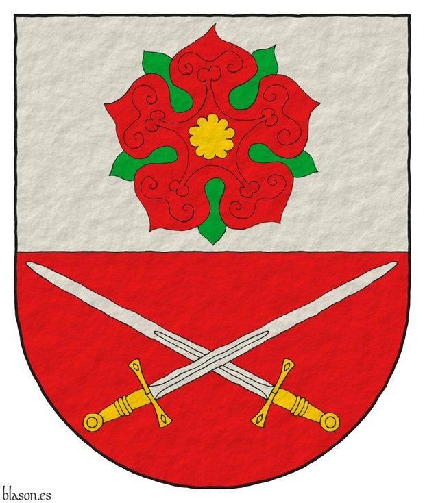 Party per fess: 1 Argent, a rose Gules, barbed and seeded proper; 2 Gules, two swords in saltire Argent, hilted Or.