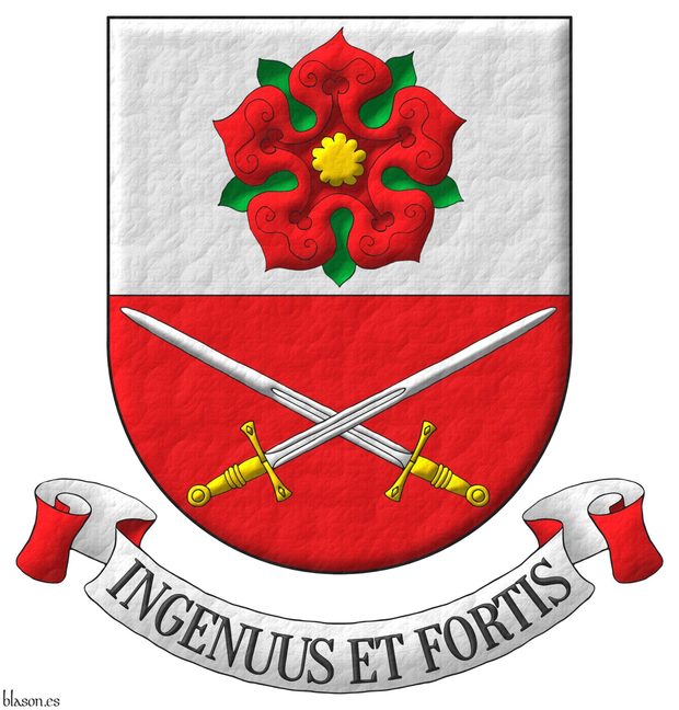 Party per fess: 1 Argent, a rose Gules, barbed and seeded proper; 2 Gules, two swords in saltire Argent, hilted Or. Motto: «Ingenuus et fortis» Sable over a scroll Argent doubled Gules.