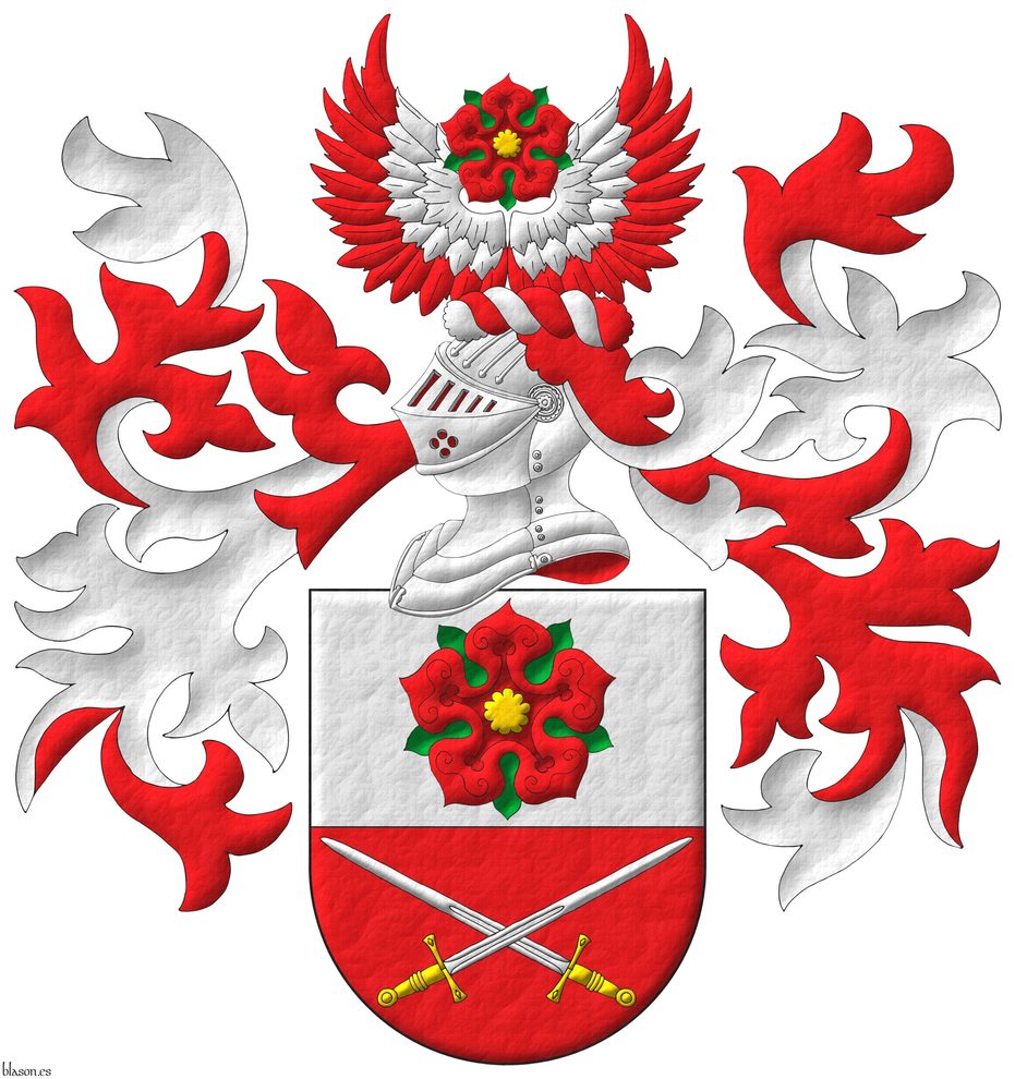 Party per fess: 1 Argent, a rose Gules, barbed and seeded proper; 2 Gules, two swords in saltire Argent, hilted Or. Crest: Upon a helm, with a wreath Argent and Gules, on two wings in vol Gules, their coverts Argent, a rose Gules, barbed and seeded proper. Mantling: Gules doubled Argent.