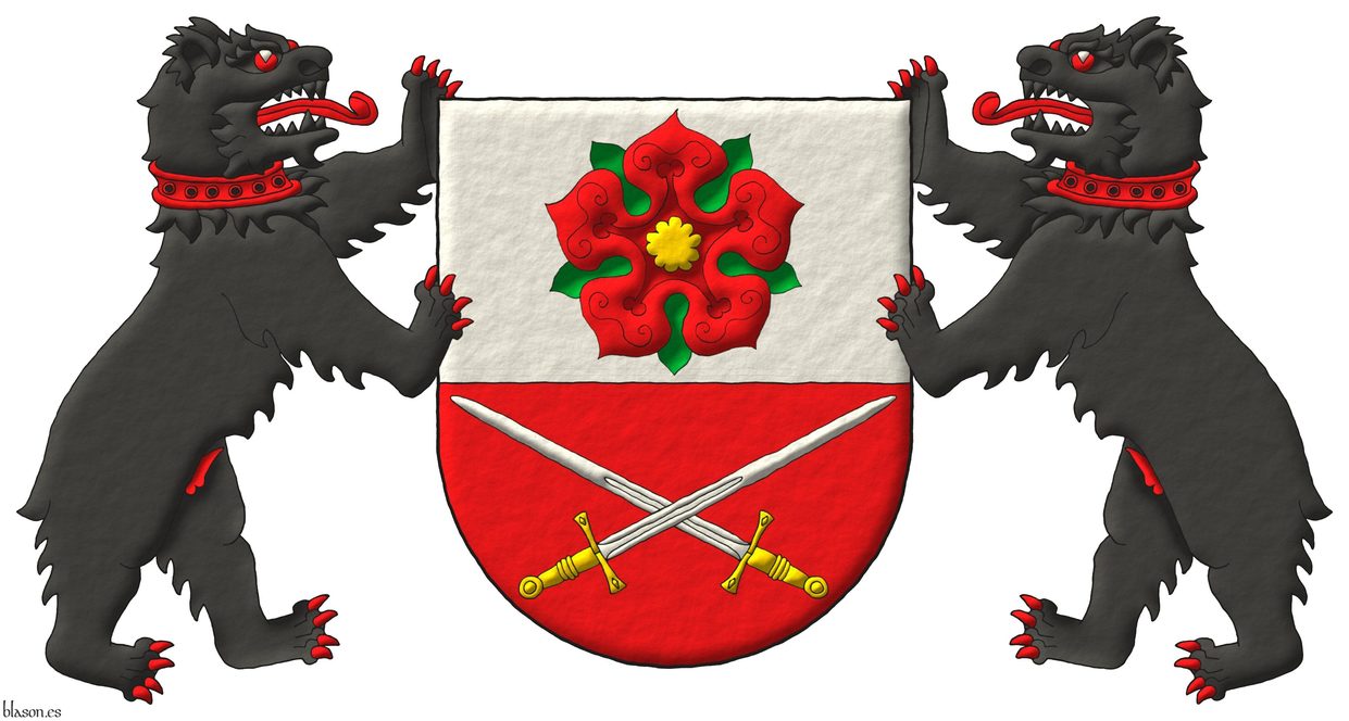 Party per fess: 1 Argent, a rose Gules, barbed and seeded proper; 2 Gules, two swords in saltire Argent, hilted Or. Supporters: Two bears Sable, the eyes, pizzled, langued, armed and gorged Gules.
