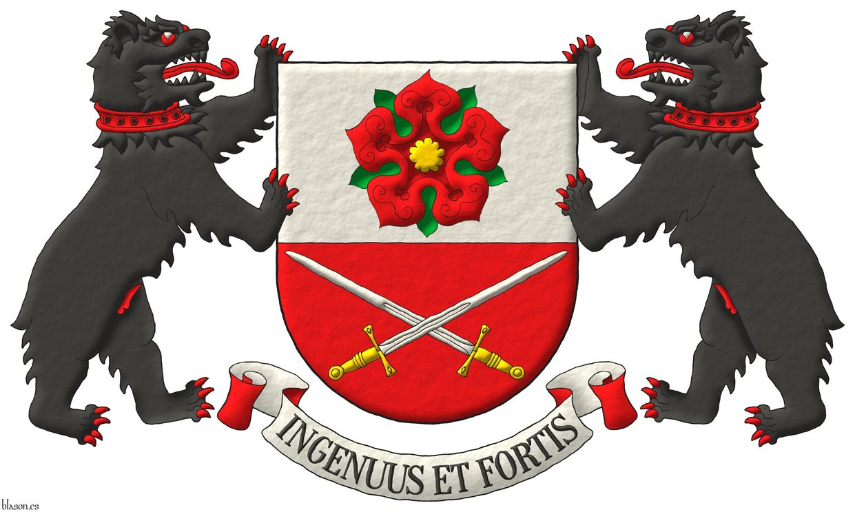 Party per fess: 1 Argent, a rose Gules, barbed and seeded proper; 2 Gules, two swords in saltire Argent, hilted Or. Supporters: Two bears Sable, the eyes, pizzled, langued, armed and gorged Gules. Motto: «Ingenuus et fortis» Sable over a scroll Argent doubled Gules.