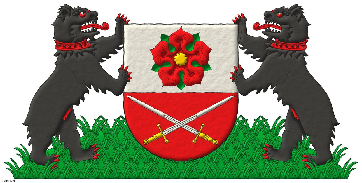 Party per fess: 1 Argent, a rose Gules, barbed and seeded proper; 2 Gules, two swords in saltire Argent, hilted Or. Supporters: Two bears Sable, the eyes, pizzled, langued, armed and gorged Gules, terraced Vert.