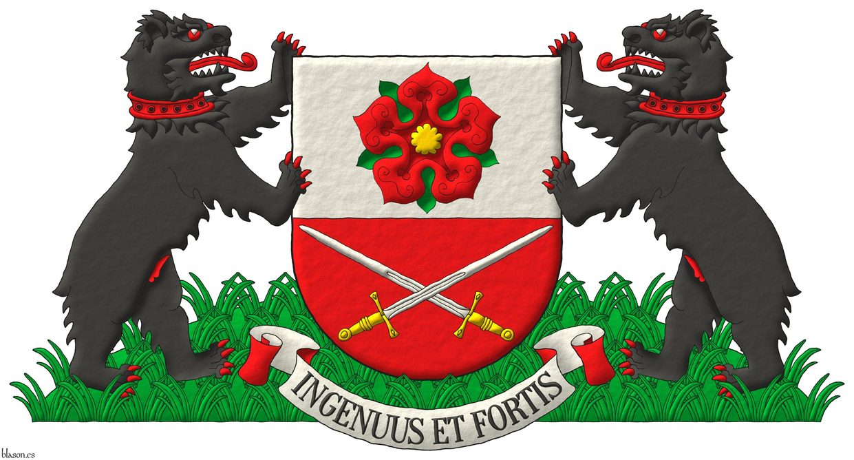 Party per fess: 1 Argent, a rose Gules, barbed and seeded proper; 2 Gules, two swords in saltire Argent, hilted Or. Supporters: Two bears Sable, the eyes, pizzled, langued, armed and gorged Gules, terraced Vert. Motto: «Ingenuus et fortis» Sable over a scroll Argent doubled Gules.
