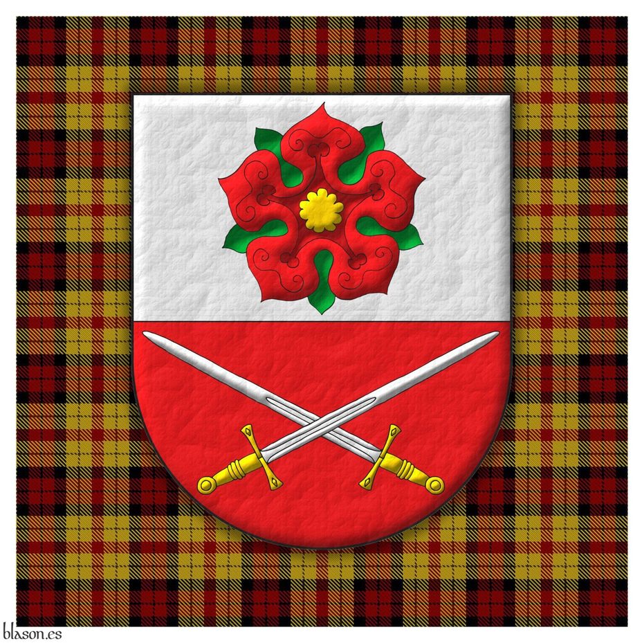 Party per fess: 1 Argent, a rose Gules, barbed and seeded proper; 2 Gules, two swords in saltire Argent, hilted Or.