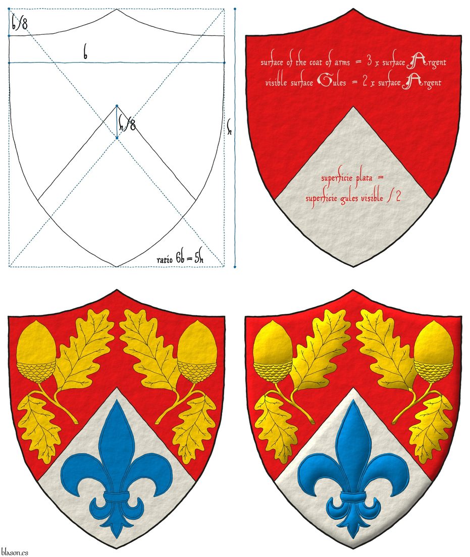 Party per chevron Gules and Argent, two acorns slipped Or and in base a fleur de lis Azure.