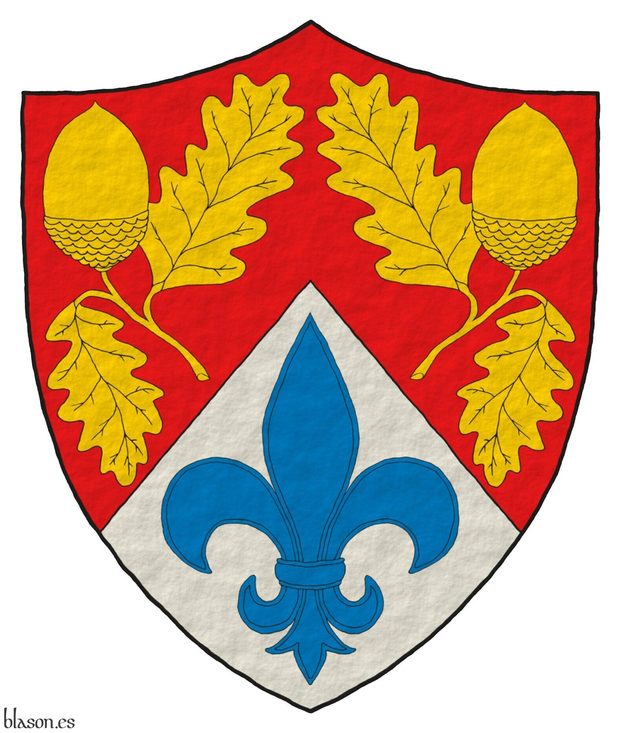 Party per chevron Gules and Argent, two acorns slipped Or and in base a fleur de lis Azure.