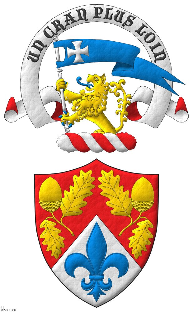 Party per chevron Gules and Argent, two acorns slipped Or and in base a fleur de lis Azure. Crest: On a wreath Argent and Gules, a demi-lion Or, armed and langued Azure, holding in its paws a swallow-tailed pennon Azure, charged with a cross patty Argent. Motto above the crest: Un cran plus loin.