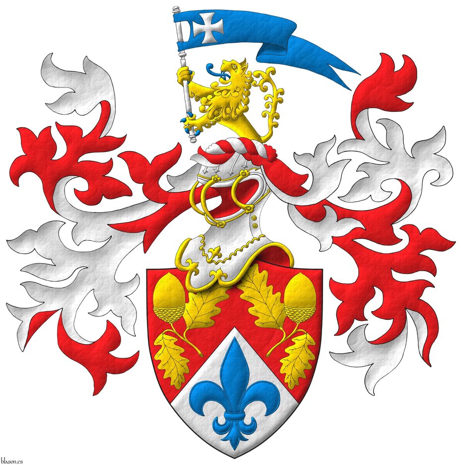 Party per chevron Gules and Argent, two acorns slipped Or and in base a fleur de lis Azure. Crest: Upon a helm befitting his degree, with a wreath Or and Sable, a demi-lion Or, armed and langued Azure, holding in its paws a swallow-tailed pennon Azure, charged with a cross patty Argent. Mantling: Gules doubled Argent.