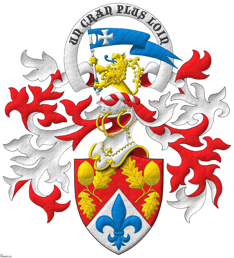 Party per chevron Gules and Argent, two acorns slipped Or and in base a fleur de lis Azure. Crest: Upon a helm befitting his degree, with a wreath Or and Sable, a demi-lion Or, armed and langued Azure, holding in its paws a swallow-tailed pennon Azure, charged with a cross patty Argent. Mantling: Gules doubled Argent. Motto above the crest: Un cran plus loin.