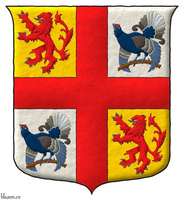 Escudo cuartelado de oro y plata; brochante sobre la partici�n, una cruz plena de gules cantonada: en 1o y 4o, de un le�n rampante de gules, armado y lampasado de azur; en 2o y 3o, de un gallo lira posado al natural.