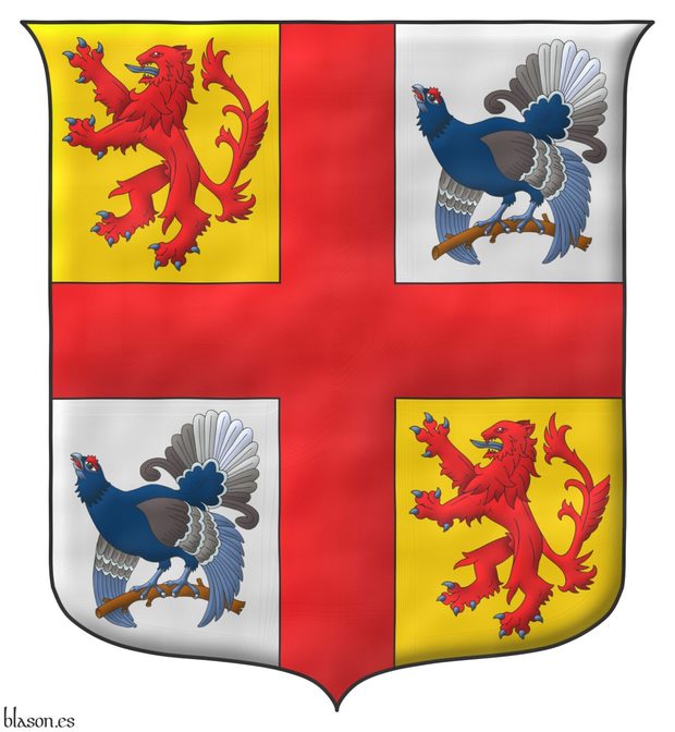 Quarterly Or and Argent, overall a cross Gules, cantoned by: in 1 and 4, a lion rampant Gules, armed and langued Azure; in 2 and 3, a black grouse perched proper.