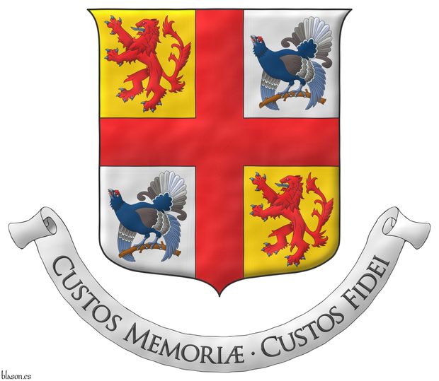 Quarterly Or and Argent, overall a cross Gules, cantoned by: in 1 and 4, a lion rampant Gules, armed and langued Azure; in 2 and 3, a black grouse perched proper. Motto: �Custos Memori� � Custos Fidei�.