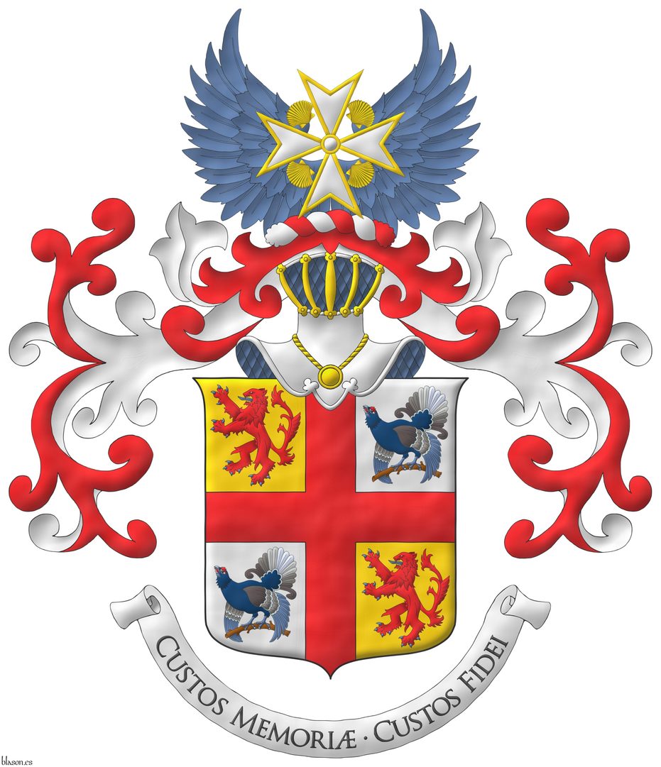 Quarterly Or and Argent, overall a cross Gules, cantoned by: in 1 and 4, a lion rampant Gules, armed and langued Azure; in 2 and 3, a black grouse perched proper. Crest: Upon a helm affronty, with visor bars Or, lined Azure, with a wreath Argent and Gules, two wings in vol Azure debruised by the cross of the Orde van Sint Jacob. Mantling: Gules doubled Argent. Motto: �Custos Memori� � Custos Fidei�.