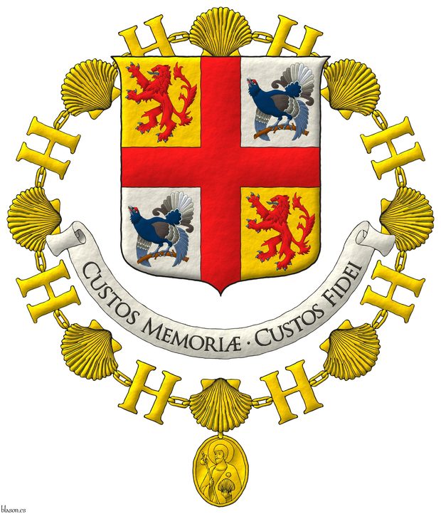 Escudo cuartelado de oro y plata; brochante sobre la partici�n, una cruz plena de gules cantonada: en 1o y 4o, de un le�n rampante de gules, armado y lampasado de azur; en 2o y 3o, de un gallo lira posado al natural. Lema: �Custos Memori� � Custos Fidei�. El escudo est� rodeado del Gran Collar de la Orde van Sint Jacob.