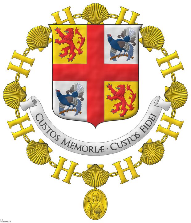 Quarterly Or and Argent, overall a cross Gules, cantoned by: in 1 and 4, a lion rampant Gules, armed and langued Azure; in 2 and 3, a black grouse perched proper. Motto: �Custos Memori� � Custos Fidei�. The shield is surrounded by the Grand Collar of the Orde van Sint Jacob.
