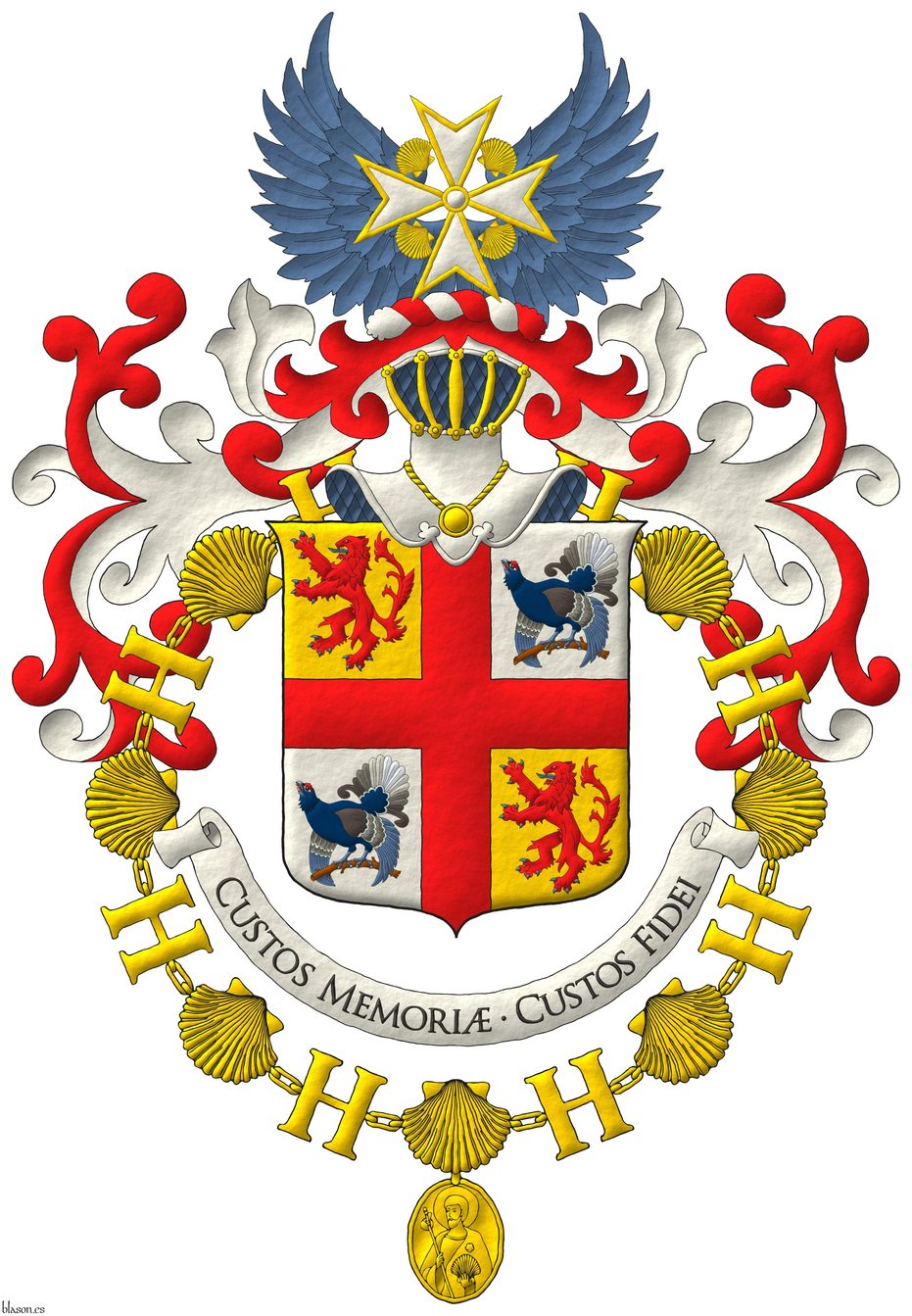 Escudo cuartelado de oro y plata; brochante sobre la partici�n, una cruz plena de gules cantonada: en 1o y 4o, de un le�n rampante de gules, armado y lampasado de azur; en 2o y 3o, de un gallo lira posado al natural. Timbrado de un yelmo de frente, grilletado de oro, forrado de azur, adornado de dos lambrequines de gules doblados de plata, un burelete de plata y gules, cimado de un vuelo de azur resaltado de la cruz de la Orde van Sint Jacob. Lema: �Custos Memori� � Custos Fidei�. El escudo est� rodeado del Gran Collar de la Orde van Sint Jacob.