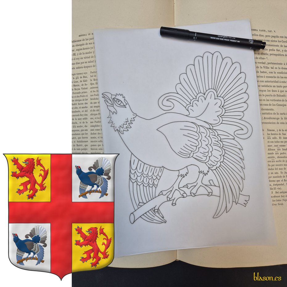 Quarterly Or and Argent, overall a cross Gules, cantoned by: in 1 and 4, a lion rampant Gules, armed and langued Azure; in 2 and 3, a black grouse perched proper.