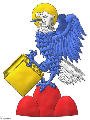 Upon a trimount Gules, an eagle wings addorsed and inverted Azure, the head and tail Argent, nimbed Or, grasping a closed book also Or.