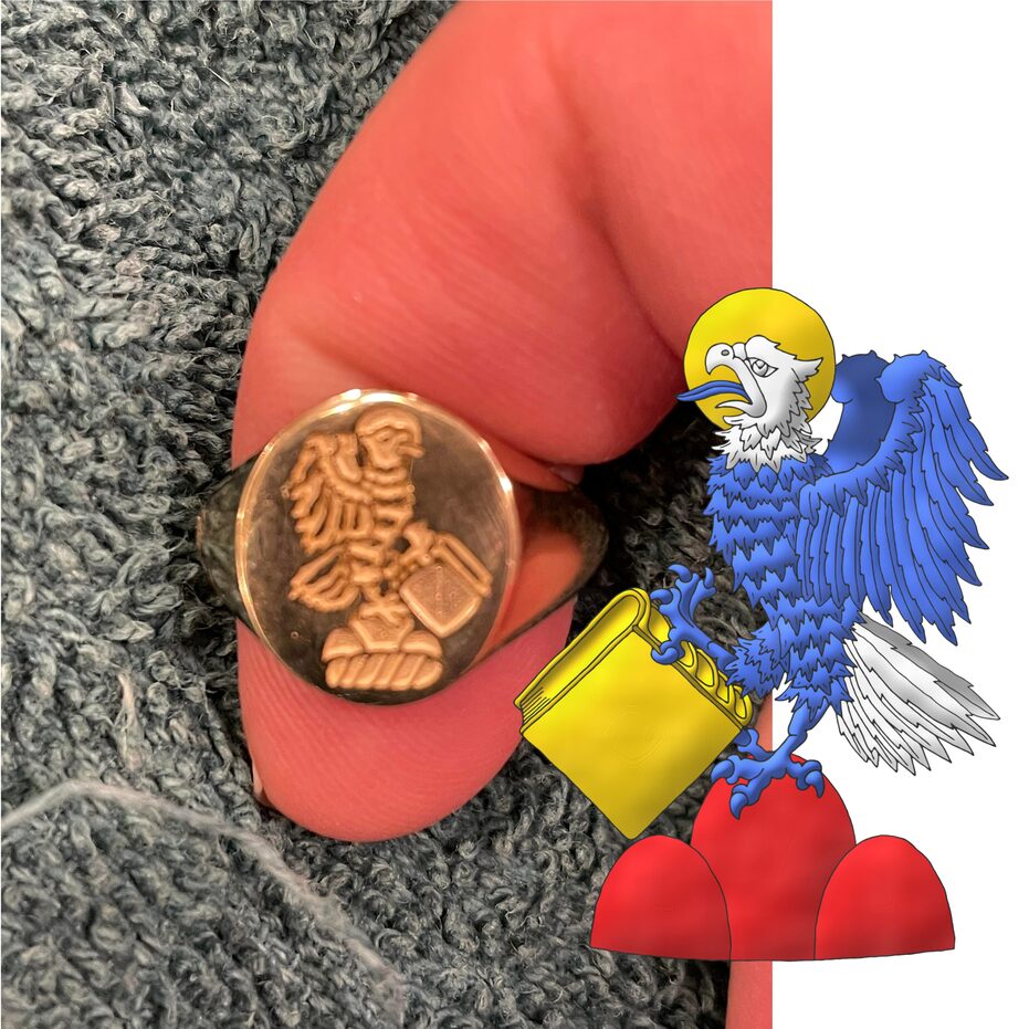 Un burelete de plata y azur cimado de un monte de tres peas de gules sumado de un guila alzando el vuelo de perfil de azur, cabeza y cola de plata, nimbada y teniendo un libro cerrado ambos de oro.