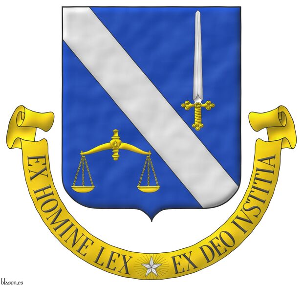 Escudo de azur, una banda de plata, acompa�ada en jefe de una espada alzada de plata, guarnecida de oro, y en punta de una balanza de oro. Lema: �Ex Homine Lex, Ex Deo Iustitia� de sable, sobre una filacteria de oro cargada en su centro de una estrella de cinco puntas de plata, radiante de treinta rayos de oro.