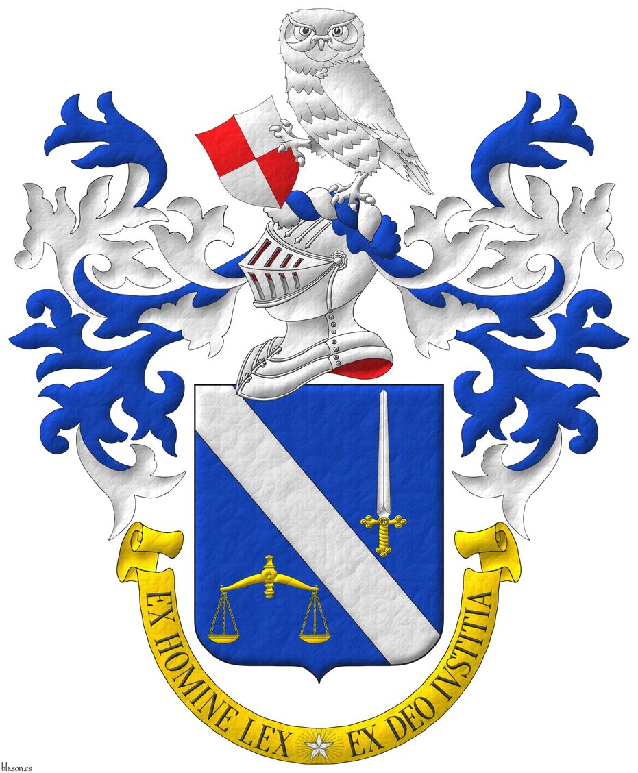 Azure, a bend Argent between, in chief a sword point upwards Argent, hilted Or, in base a pair of scales Or. Crest: Upon a helm with a wreath Argent and Azure, an owl Argent, grasping with its dexter talon an escutcheon bendwise quarterly Gules and Argent. Mantling Azure doubled Argent. Motto: �Ex Homine Lex, Ex Deo Iustitia� Sable, over a scroll Or charged at its center with a mullet of five points Argent, irradiated of thirty rays Or.