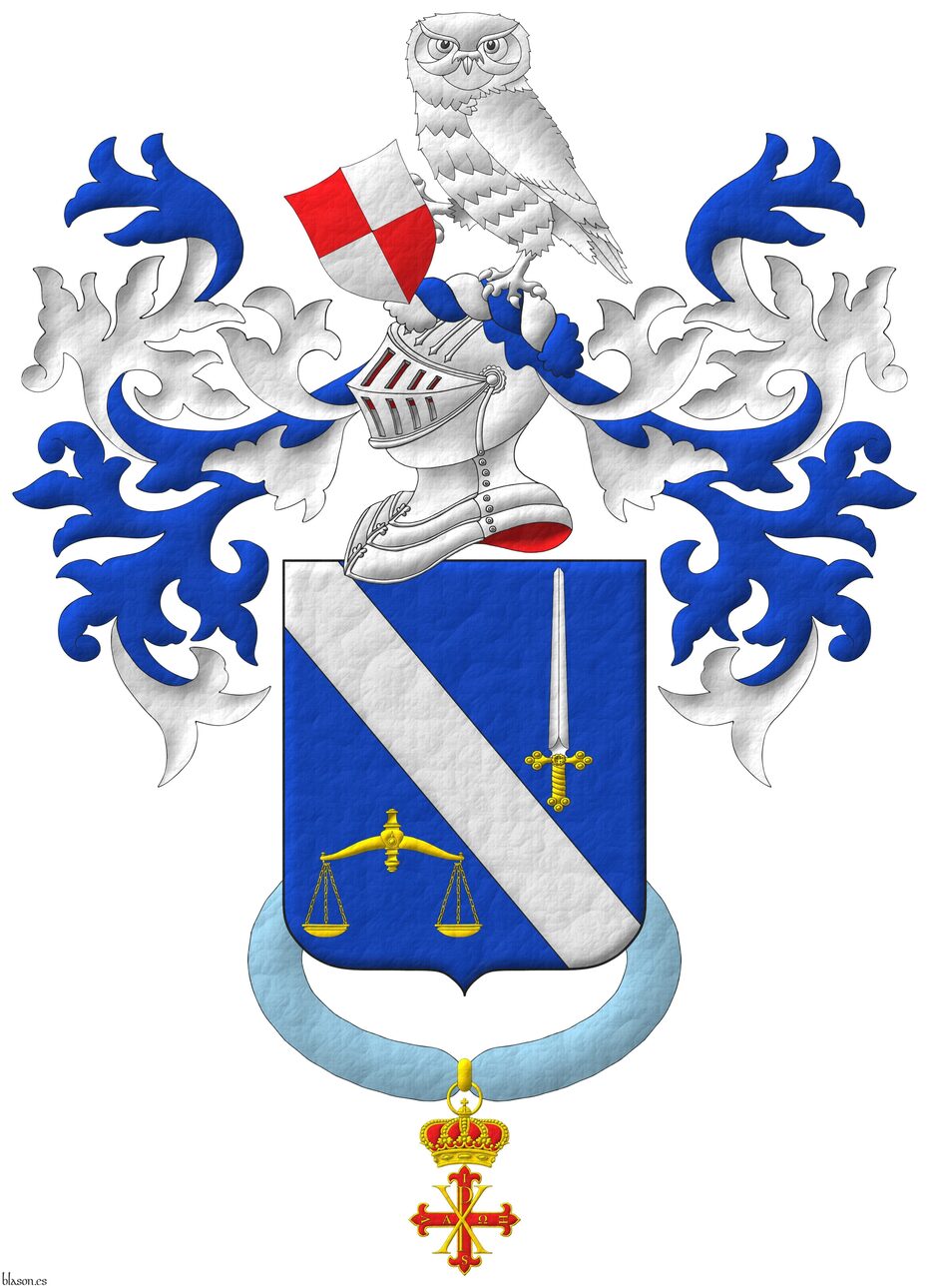 Azure, a bend Argent between, in chief a sword point upwards Argent, hilted Or, in base a pair of scales Or. Crest: Upon a helm with a wreath Argent and Azure, an owl Argent, grasping with its dexter talon an escutcheon bendwise quarterly Gules and Argent. Mantling Azure doubled Argent. Suspended from the shield the cross of Knight of Merit of the Constantinian Order.