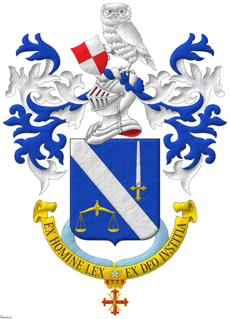 Azure, a bend Argent between, in chief a sword point upwards Argent, hilted Or, in base a pair of scales Or. Crest: Upon a helm with a wreath Argent and Azure, an owl Argent, grasping with its dexter talon an escutcheon bendwise quarterly Gules and Argent. Mantling Azure doubled Argent. Motto: �Ex Homine Lex, Ex Deo Iustitia� Sable, over a scroll Or charged at its center with a mullet of five points Argent, irradiated of thirty rays Or. Suspended from the shield the cross of Knight of Merit of the Constantinian Order.