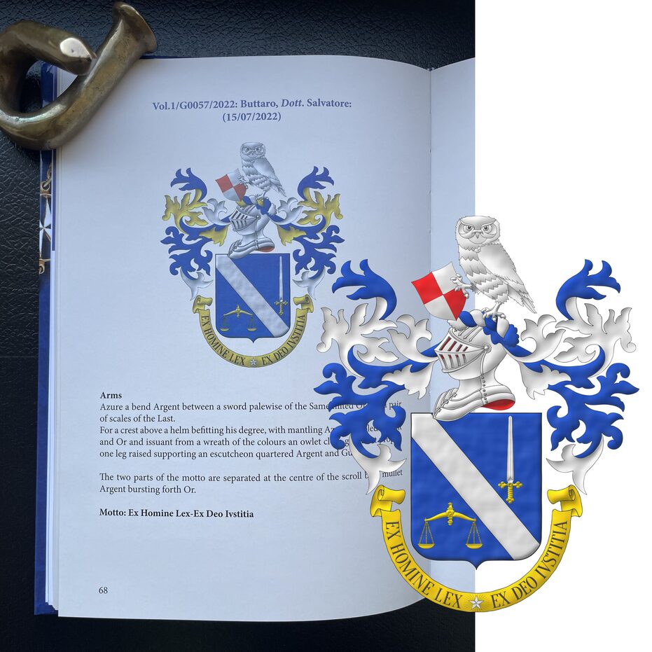 Azure, a bend Argent between, in chief a sword point upwards Argent, hilted Or, in base a pair of scales Or. Crest: Upon a helm with a wreath Argent and Azure, an owl Argent, grasping with its dexter talon an escutcheon bendwise quarterly Gules and Argent. Mantling Azure doubled Argent. Motto: �Ex Homine Lex, Ex Deo Iustitia� Sable, over a scroll Or charged at its center with a mullet of five points Argent, irradiated of thirty rays Or.
