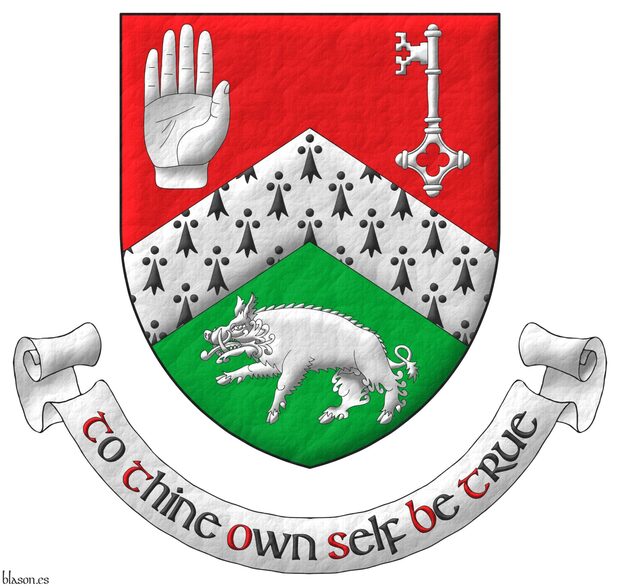 Party per chevron Gules and Vert, overall a chevron ermine between, in the dexter of the chief a dexter hand apaumée couped at the wrist, in the sinister of the chief a key palewise, ward to dexter chief, and in base a boar passant Argent. Motto: «To Thine Own Self Be True» Sable, with initial letters Gules, over a scroll Argent.