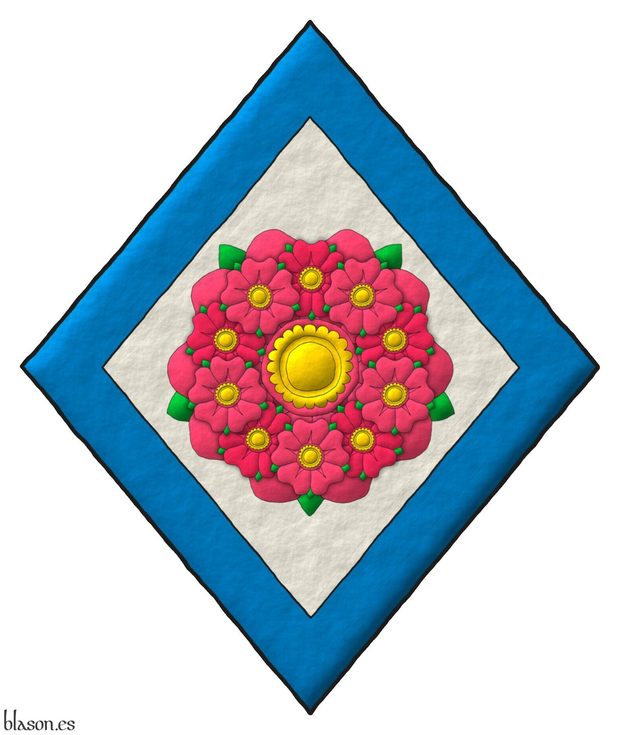 Escudo de plata, una multi-rosa, que es una rosa cargada de diez rosas unidas en orla todas de rosa, barbadas de sinople, botonadas de oro; una bordura de azur.