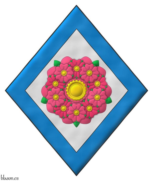Argent, a multi-rose, which is a rose charged with ten roses conjoined in orle Rose, barbed Vert, seeded Or; a bordure Azure.