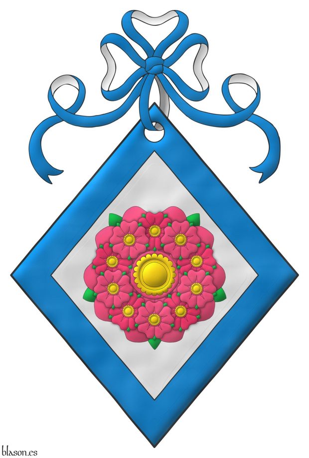 Argent, a multi-rose, which is a rose charged with ten roses conjoined in orle Rose, barbed Vert, seeded Or; a bordure Azure. Crest: A ribbon Azure doubled Argent.