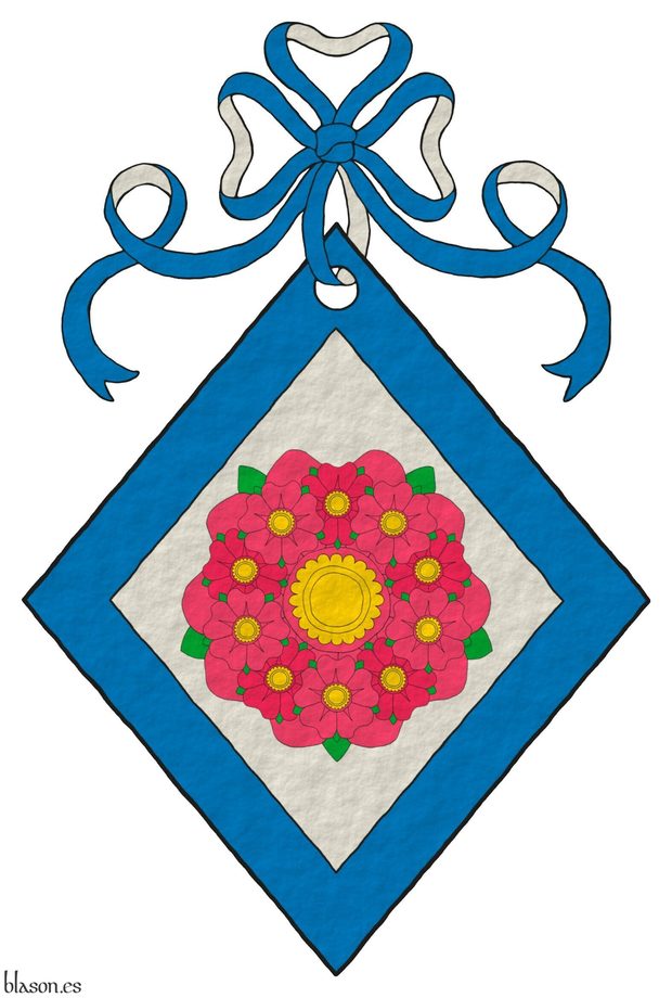 Escudo de plata, una multi-rosa, que es una rosa cargada de diez rosas unidas en orla todas de rosa, barbadas de sinople, botonadas de oro; una bordura de azur. Timbrado de un lazo de azur doblado de plata.