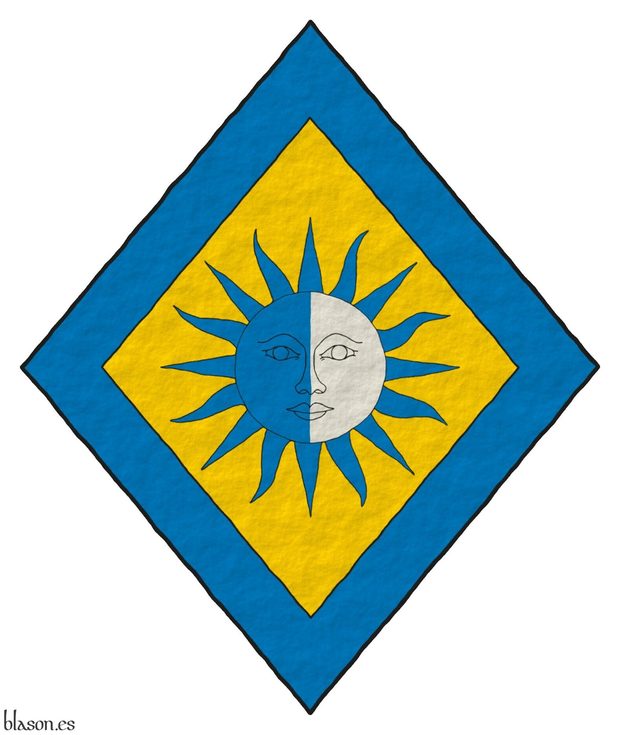 Or, a sun in splendour party per pale Azure and Argent, its rays Azure; a bordure Azure.