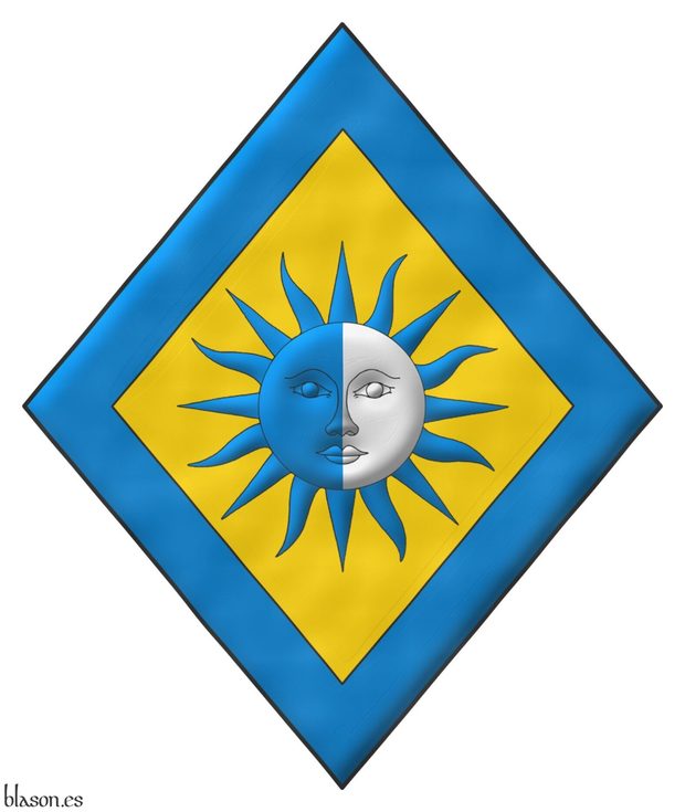 Or, a sun in splendour party per pale Azure and Argent, its rays Azure; a bordure Azure.