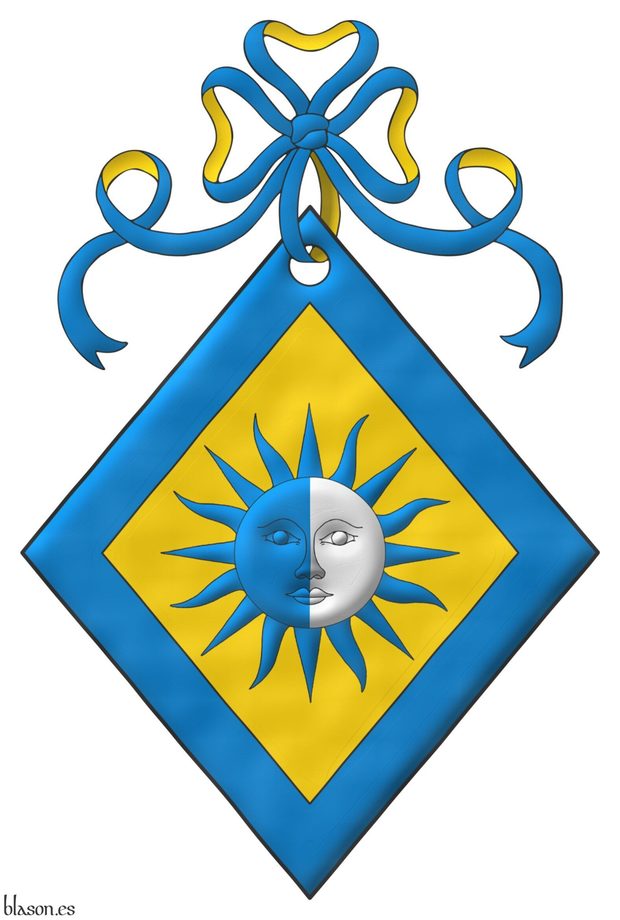 Or, a sun in splendour party per pale Azure and Argent, its rays Azure; a bordure Azure. Crest: A ribbon Azure doubled Or.