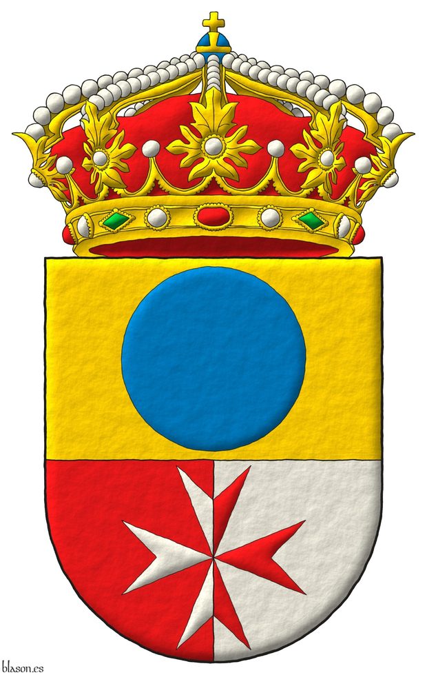 Escudo cortado y medio partido: 1o de oro, un roel de azur; 2o de gules y 3o de plata, brochante sobre ambos, una cruz de Malta del uno al otro. Timbrado de una corona real cerrada.