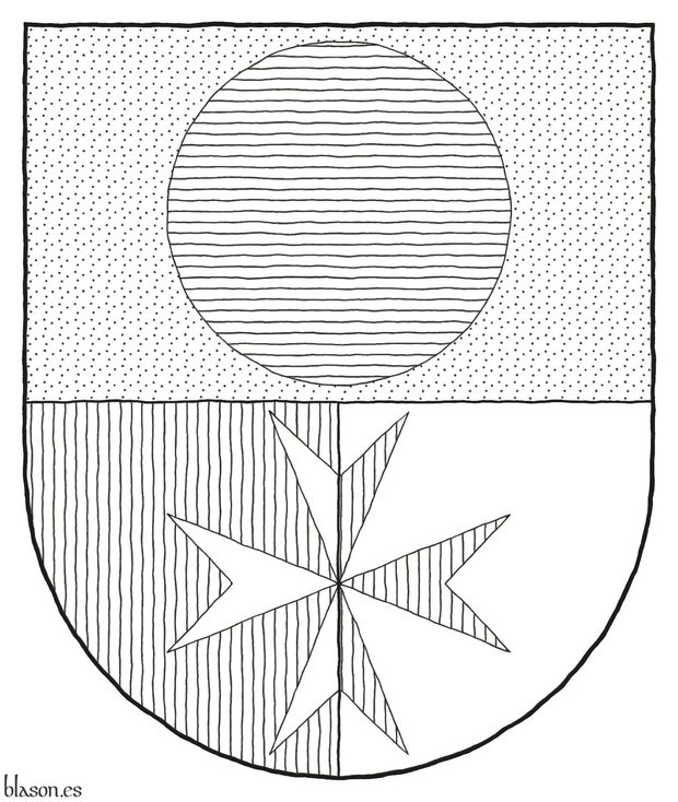 Escudo cortado y medio partido: 1o de oro, un roel de azur; 2o de gules y 3o de plata, brochante sobre ambos, una cruz de Malta del uno al otro.