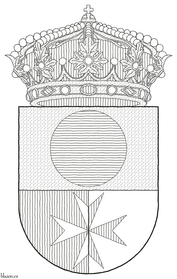 Escudo cortado y medio partido: 1o de oro, un roel de azur; 2o de gules y 3o de plata, brochante sobre ambos, una cruz de Malta del uno al otro. Timbrado de una corona real cerrada.