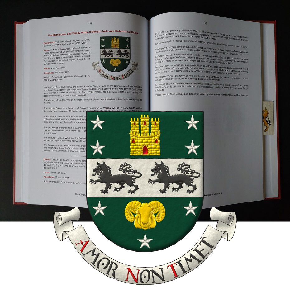 Vert, on a fess Argent, between in chief a castle triple-towered Or, port and windows Gules, masoned Sable, between four mullets Argent, 2 and 2, and in base a Merino ram's head caboshed Or, between three mullets Argent, 2 and 1, two wolves passant Sable.