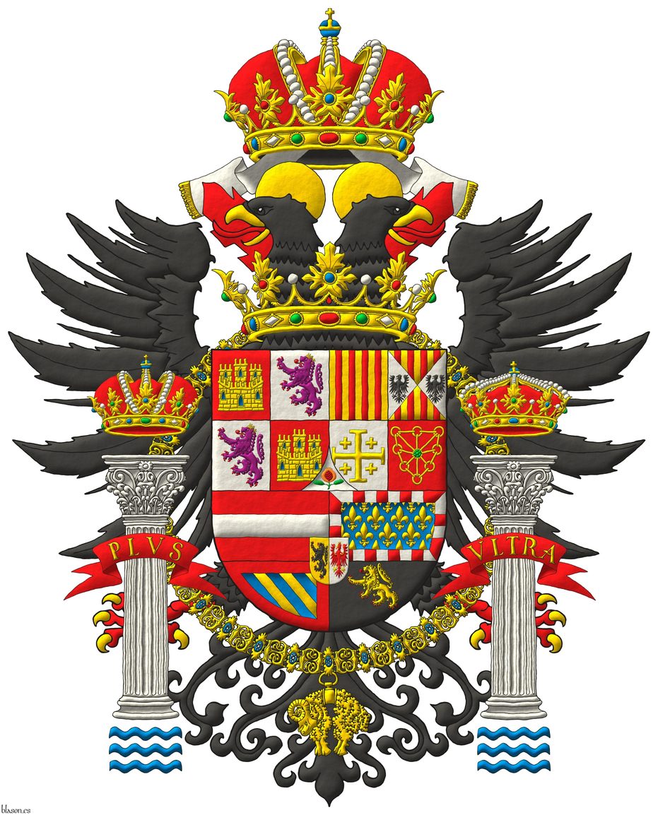 Escudo cortado: 1o partido: 1o cuartelado: 1o y 4o de gules, un castillo de oro, aclarado de azur, mazonado de sable [de Castilla]; 2o y 3o de plata, un le�n rampante de p�rpura, armado y lampasado de gules, coronado de oro [de Le�n]. 2o cuartelado: 1o de oro, cuatro palos de gules [de Arag�n]; 2o cuartelado en aspa: 1o y 4o de oro, cuatro palos de gules; 2o y 3o de plata, un �guila de sable [de Arag�n-Sicilia]. 3o de plata, una cruz potenzada cantonada de cuatro crucetas de oro [de Jerusal�n]. 4o de gules, una cadena puesta en orla, en cruz y en sotuer de oro, cargada en el centro de una esmeralda de sinople [de Navarra]. Entado en punta de plata, una granada al natural, tajada de gules, tallada y hojada de sinople [de Granada]. 2o cuartelado: 1o de gules, una faja de plata [de Austria]; 2o de azur sembrado de flores de lis de oro, una bordura componada de plata y gules [de Borgo�a moderna]; 3o bandado de oro y azur, una bordura de gules [de Borgo�a antigua]; 4o de sable, un le�n rampante de oro, armado y lampasado de gules [de Brabante]; sobre el todo un escus�n partido: 1o de oro, un le�n rampante de sable, armado y lampasado de gules [de Flandes]; 2o de plata, un �guila de gules, coronada, armada, picada, lampasada y membrada de oro, cargada en las alas con dos tallos trebolados todo de oro [del Tirol]. Timbrado de una corona imperial con dos �nfulas de plata, con flecos de oro. Acolado detr�s del escudo un �guila bic�fala de sable, nimbada, picada y armada de oro, lampasada y membrada de gules, enfilada por una corona real abierta sumada al escudo. Sostenes: Dos columnas de plata acompa�adas en punta de ondas de azur y en jefe de una corona imperial la diestra y de una corona real cerrada la siniestra. Lema rodeando las columnas: �Plus Ultra� de oro sobre una filacteria de gules. El escudo est� rodeado del Tois�n de Oro.
