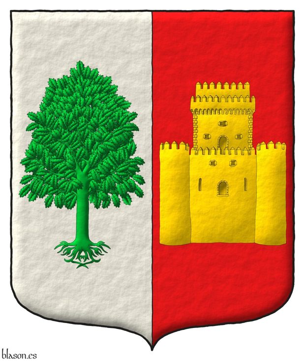 Escudo partido: 1o de plata, un olmo arrancado de sinople; 2o de Gules, un castillo con una torre almenada de oro.