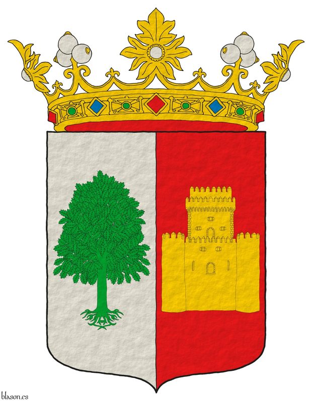 Escudo partido: 1o de plata, un olmo arrancado de sinople; 2o de Gules, un castillo con una torre almenada de oro. Timbrado de una corona de marqu�s.