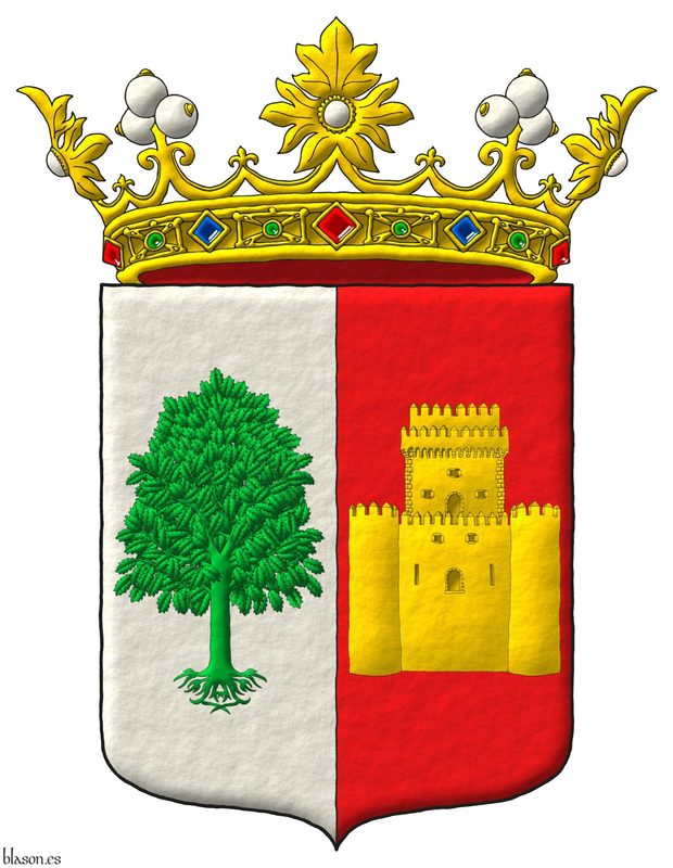 Escudo partido: 1o de plata, un olmo arrancado de sinople; 2o de Gules, un castillo con una torre almenada de oro. Timbrado de una corona de marqu�s.
