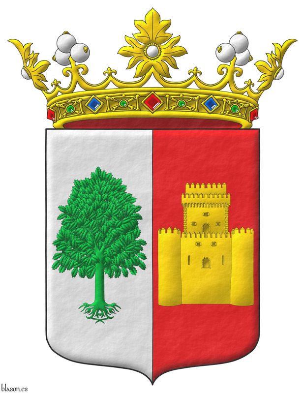 Party per pale: 1 Argent, an elm eradicated Vert; 2 Gules, a castle with an embattled tower Or. Crest: A crown of Marquis.