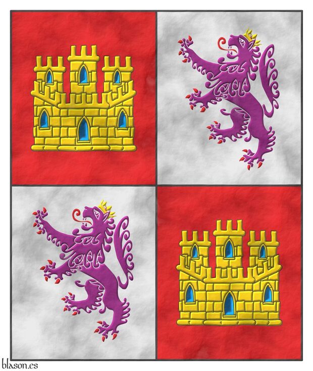 Banner Quarterly: 1 and 4 Gules, a castle triple towered Or, port and windows Azure, masoned Sable; 2 and 3 Argent, a lion rampant Purpure, armed and langued Gules, crowned Or.